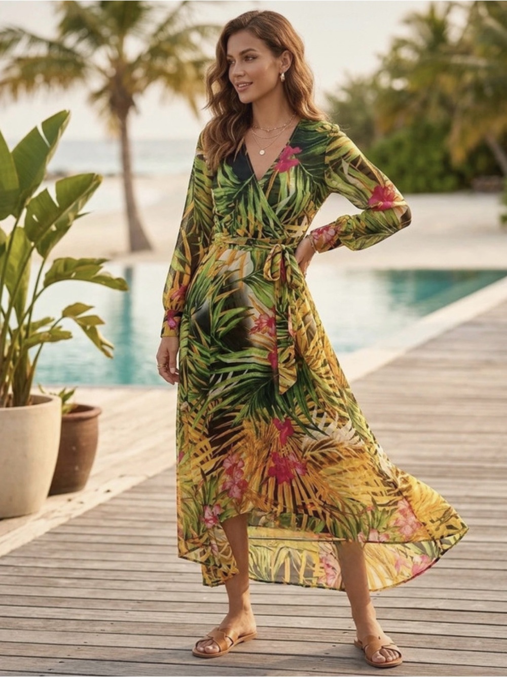 Acevog Green Tropical Wrap Maxi Coverup with Pink Accents